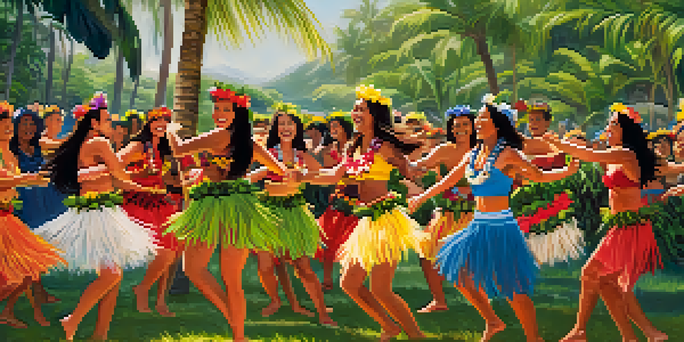 A group of people dancing hula at a luau, surrounded by tropical plants, showcasing traditional attire and a lively atmosphere.