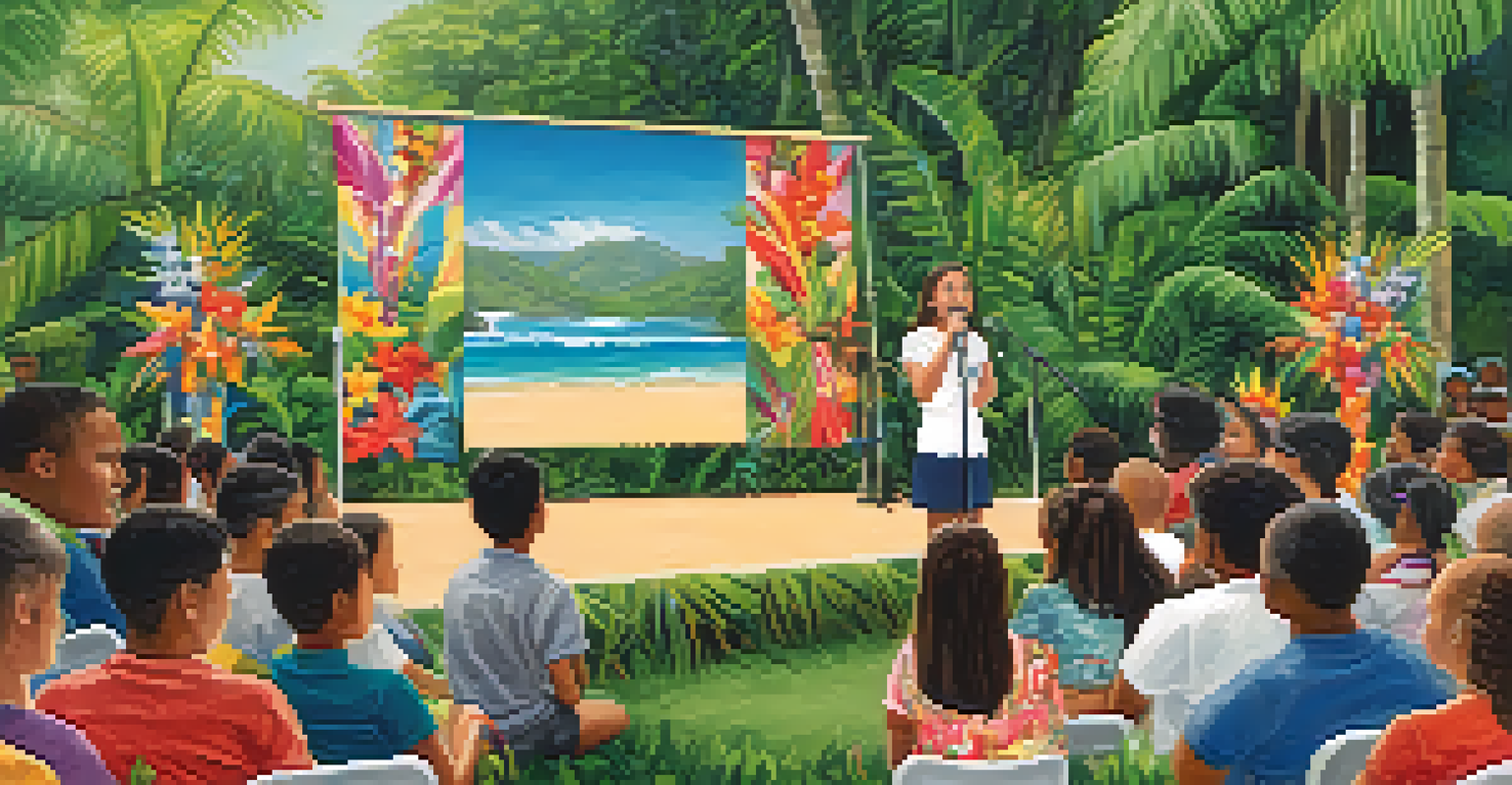 A young leader presenting at a community event in Hawaii, engaging an attentive audience with tropical decorations in the background.