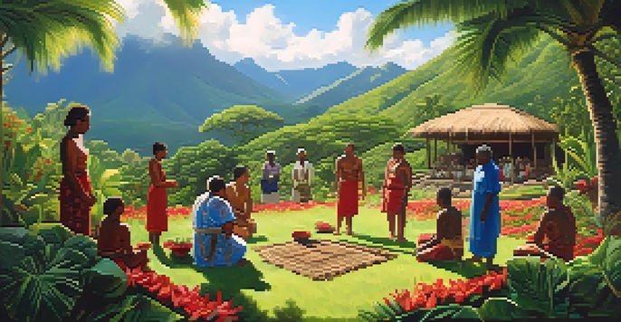 A Hawaiian healer gathering herbs in a lush landscape with community members, under a clear blue sky.