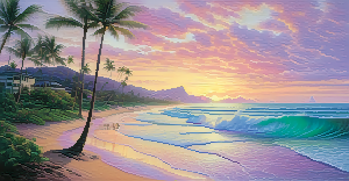 Aerial view of a Hawaiian beach at sunrise with golden sand and turquoise waves.