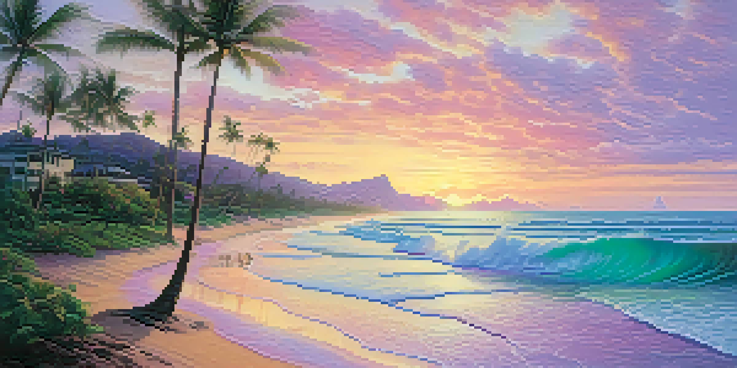 Aerial view of a Hawaiian beach at sunrise with golden sand and turquoise waves.