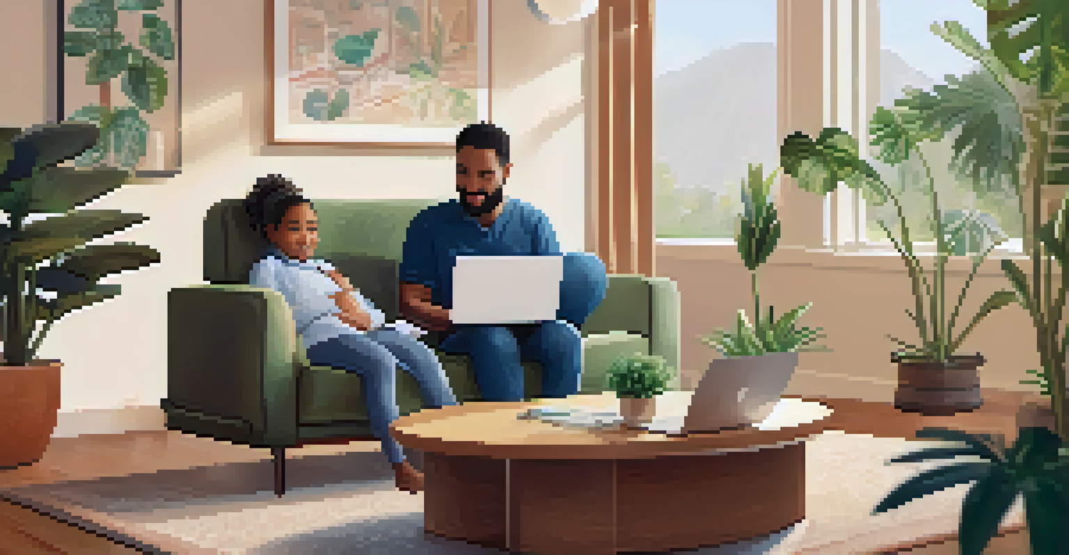 A patient in a cozy living room having a telehealth consultation on a laptop with a healthcare provider on the screen.