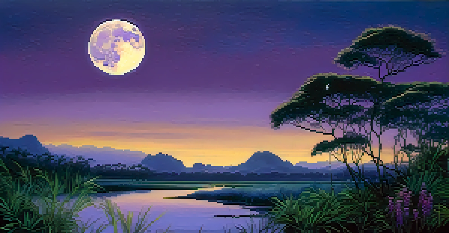 A Pueo owl perched on a branch in Kauai's swamp at twilight with a glowing moon and misty surroundings.