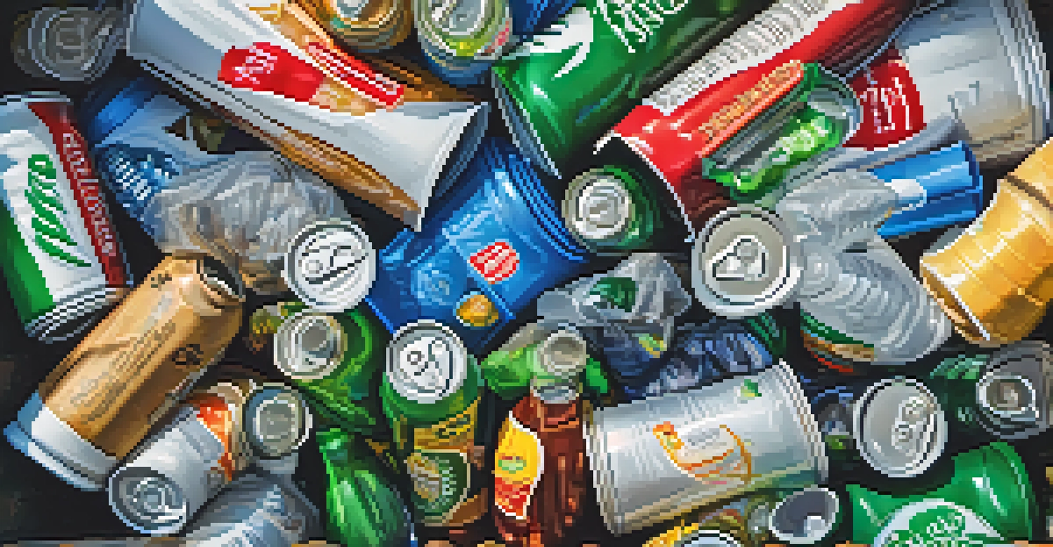Close-up of recyclable materials in a bin, including plastic bottles and aluminum cans.