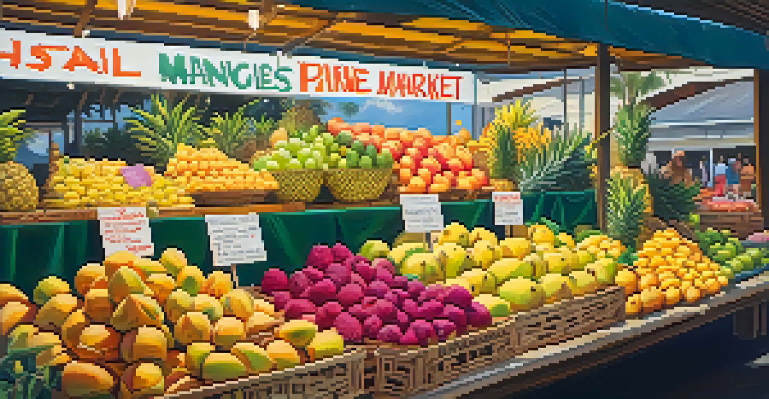 Close-up of a Hawaiian farmer's market stall with fresh tropical fruits and colorful decorations, illuminated by morning light.