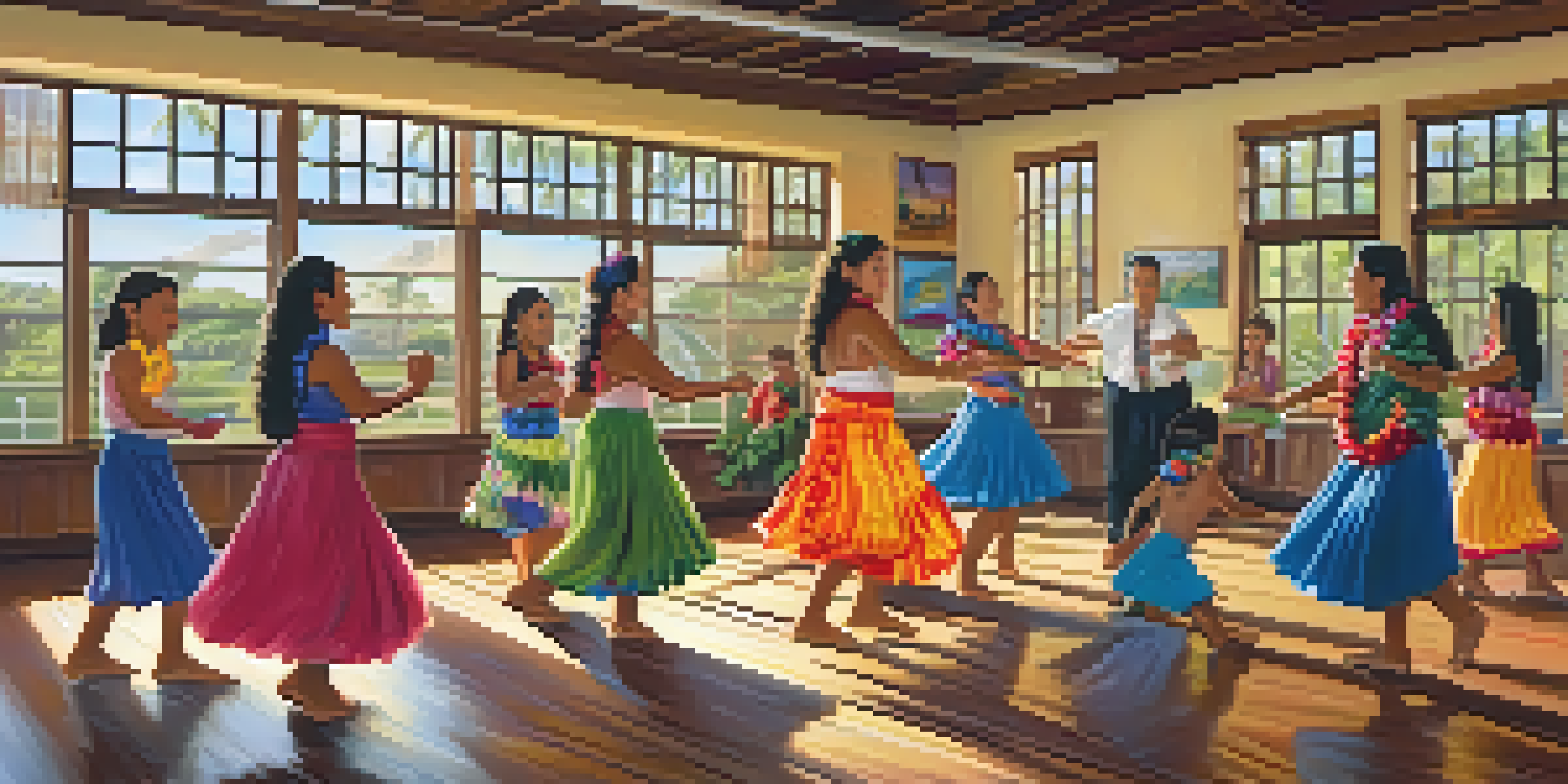 Students in a Hawaiian classroom learning hula from a local elder, surrounded by colorful art and sunlight.