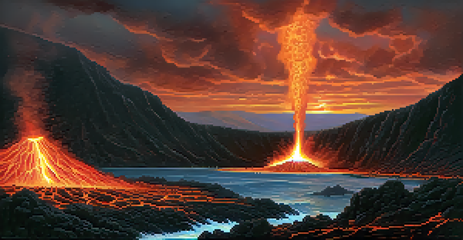 Kilauea volcano erupting at night with glowing lava fountains against a starry sky.