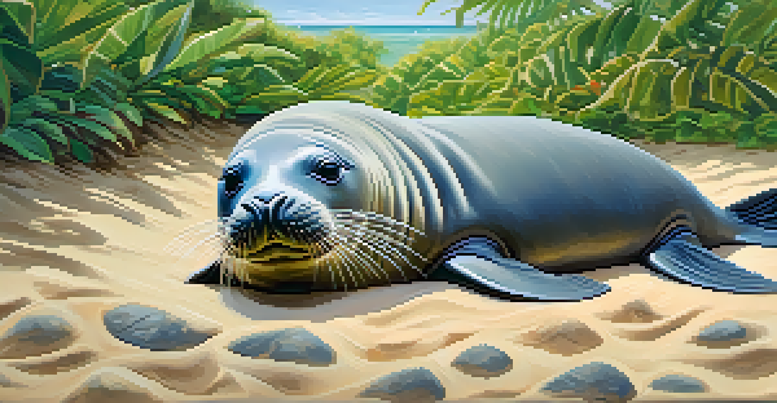 A Hawaiian monk seal resting on a sandy beach surrounded by tropical vegetation and ocean waves.