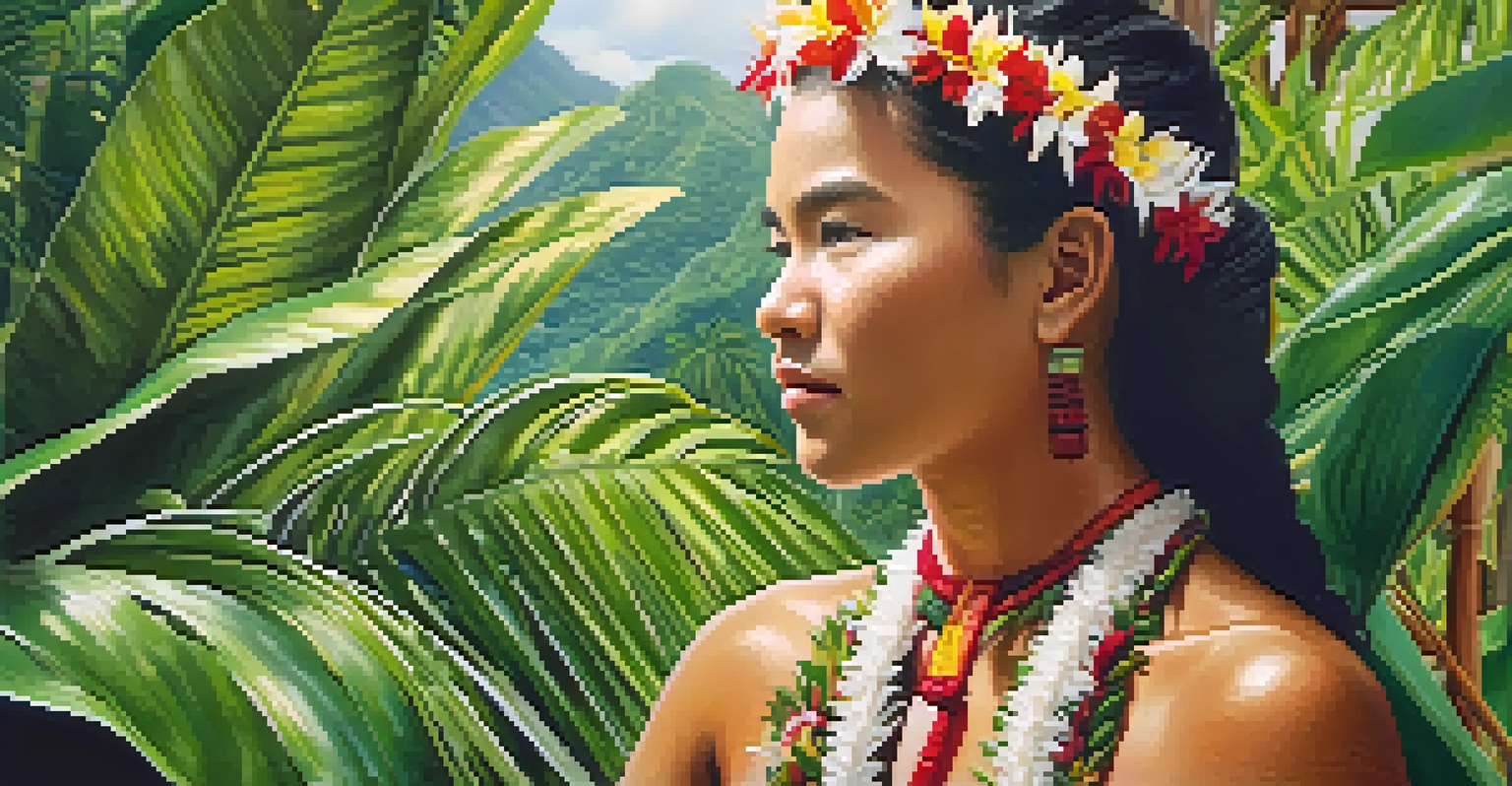 A close-up of a Hawaiian cultural practitioner in traditional attire, surrounded by tropical plants, engaged in a cultural activity.