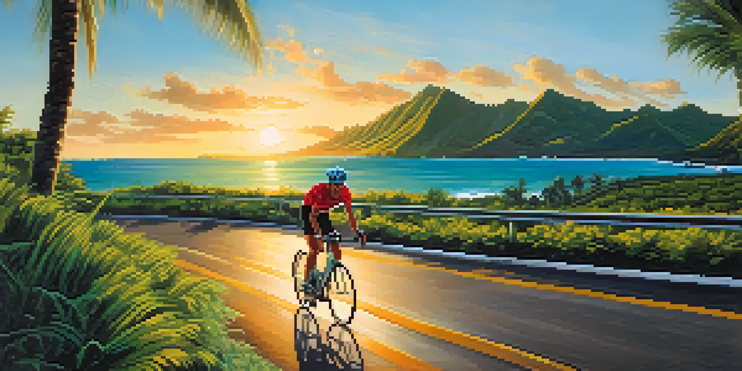 A cyclist riding along a coastal bike path in Hawaii during sunset, with turquoise waters and lush green mountains in the background.