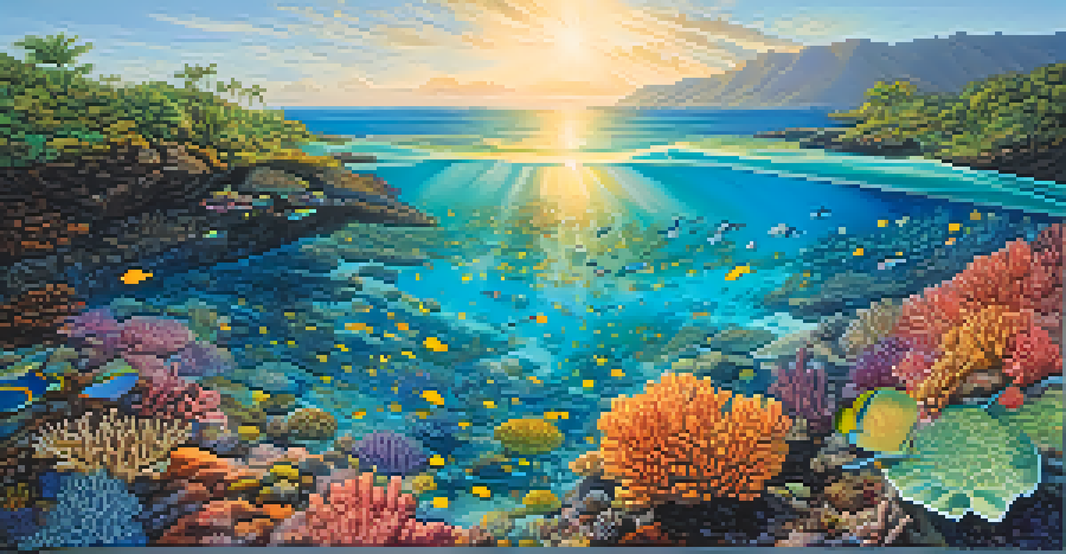 Aerial view of a colorful coral reef in Hawaii with clear waters and small boats in the distance.