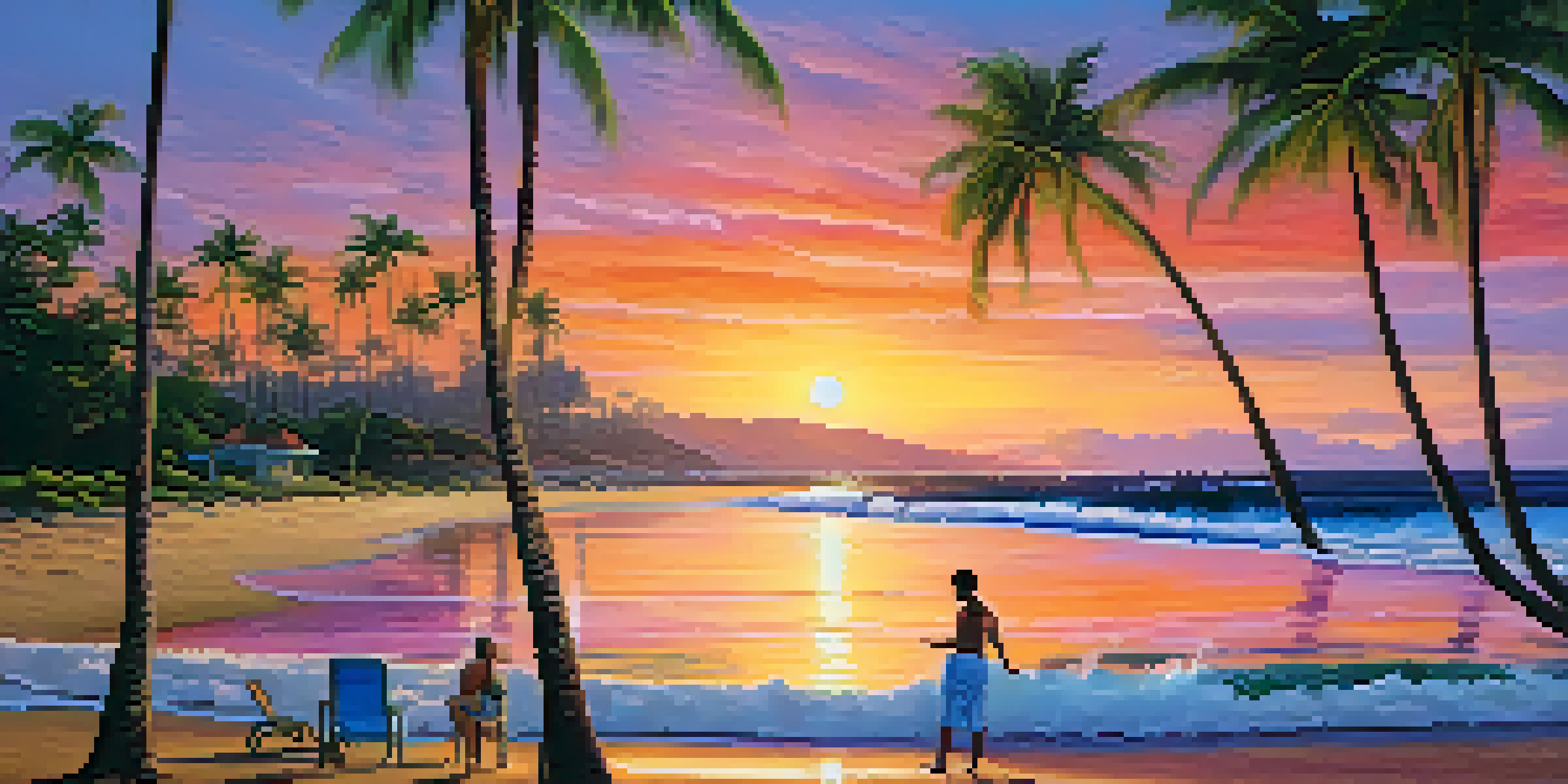 A picturesque Hawaiian beach at sunset with palm trees and gentle waves, highlighting the beauty and rising sea levels.