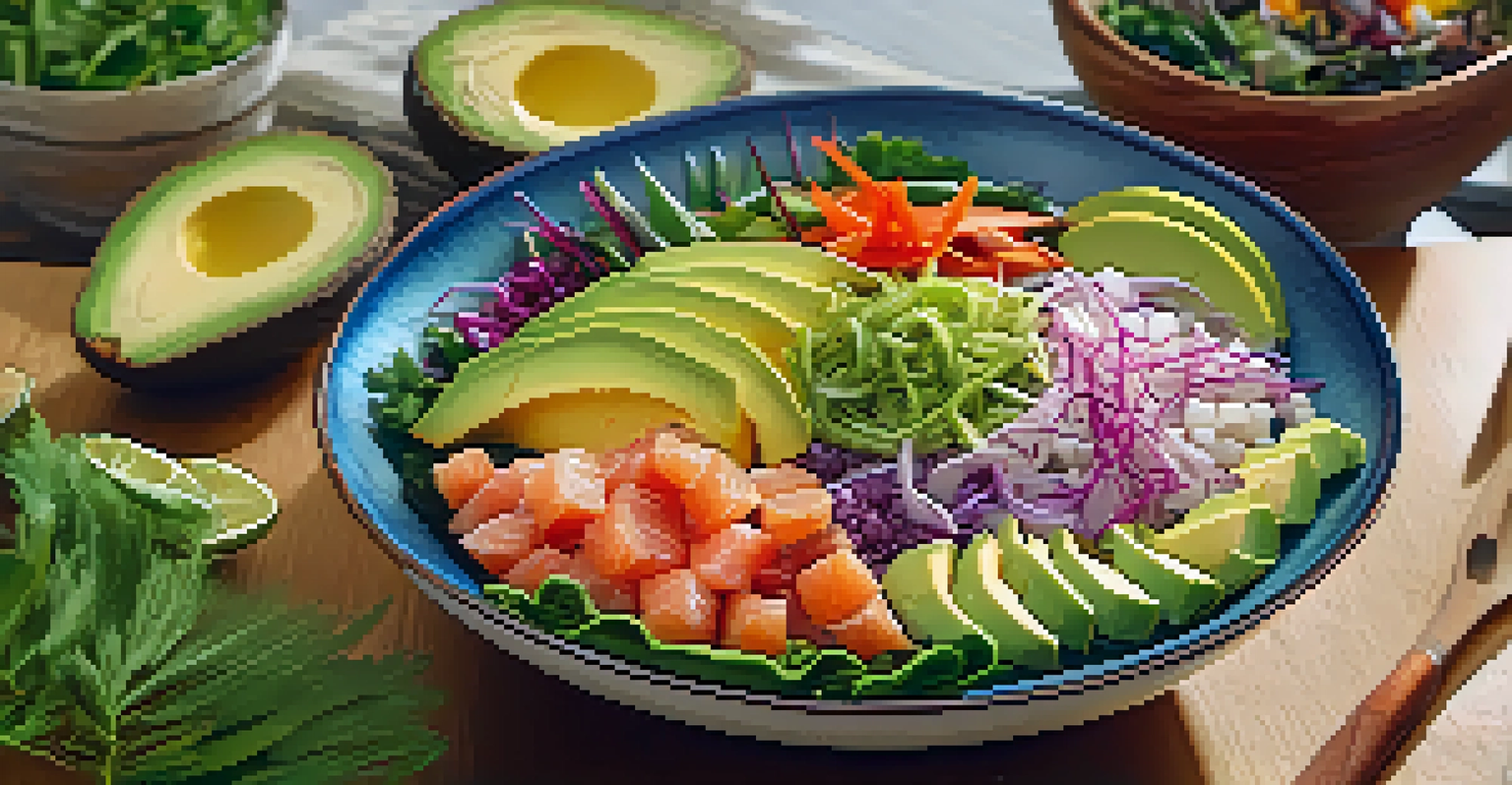 A close-up of a poke bowl with fresh fish, avocado, and vegetables on a wooden table surrounded by tropical plants.