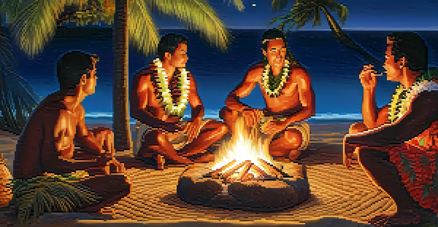 A Hawaiian storyteller sharing tales by a fire, with palm trees and a starry sky in the background.