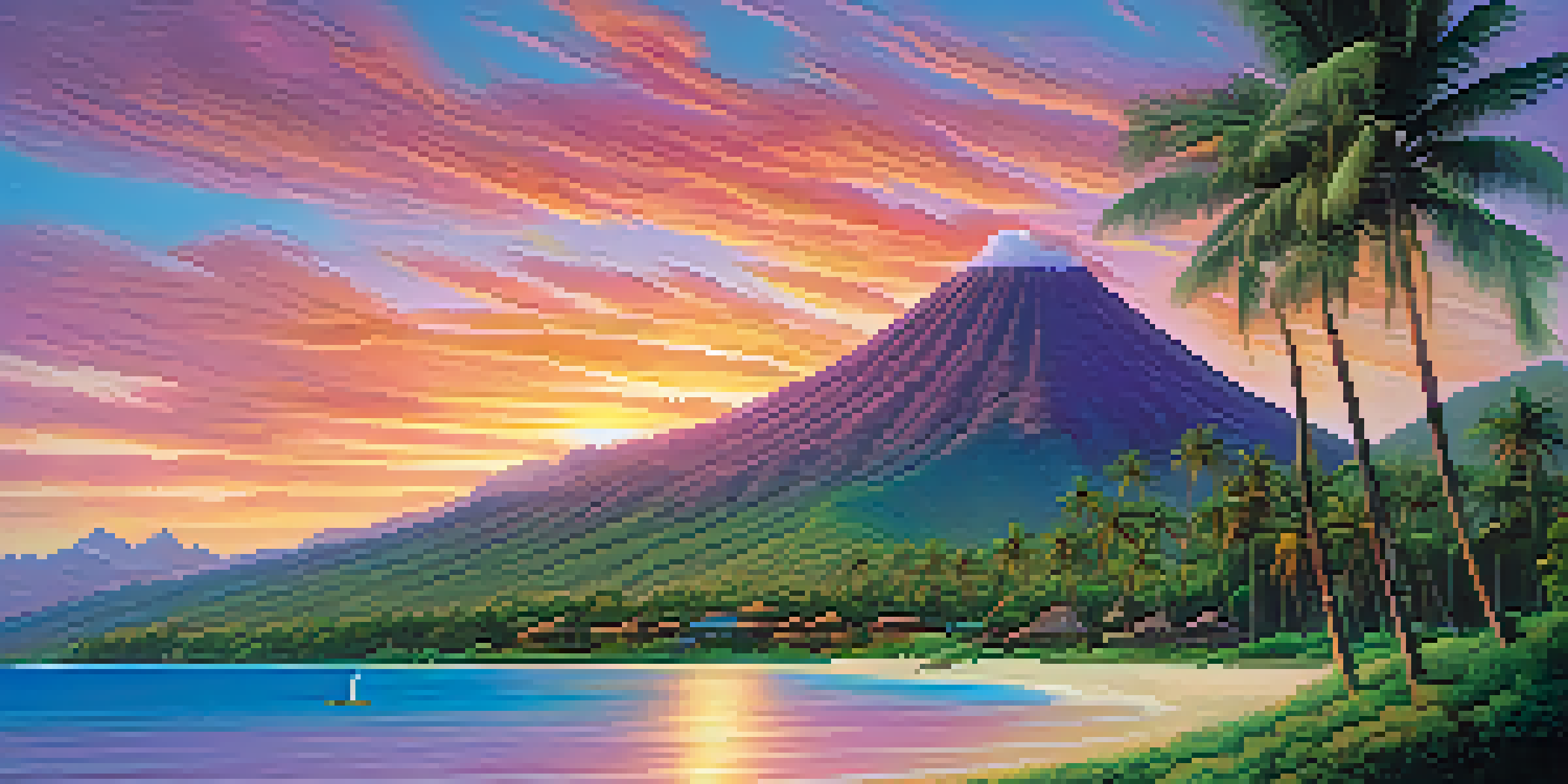 A picturesque Polynesian island at sunset, showcasing green hills, a tranquil beach, wooden canoes, and a colorful sky.