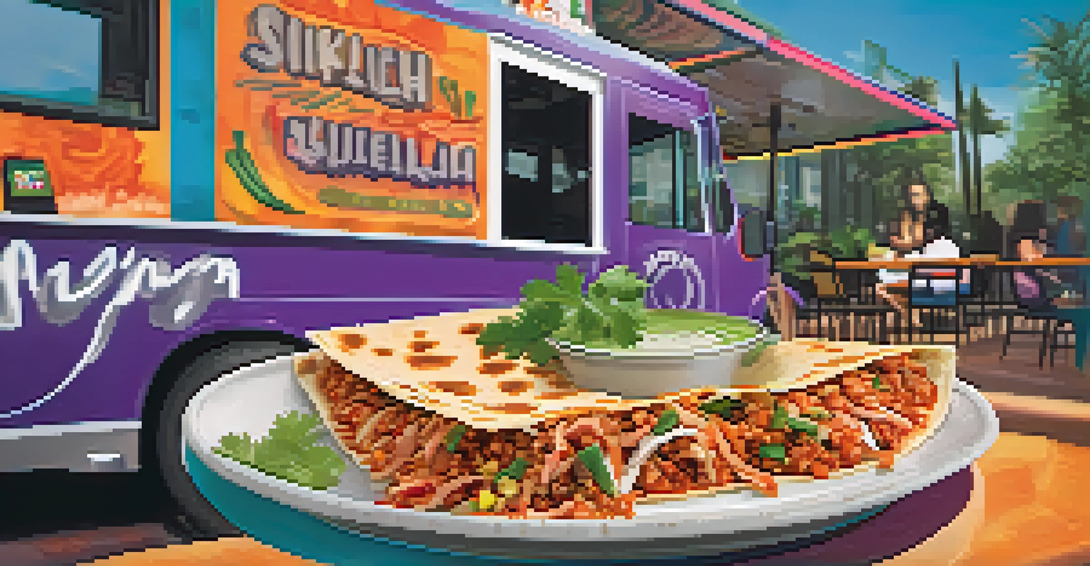 A close-up of kimchi quesadillas served from a food truck, garnished with cilantro and dipping sauce, with a colorful food truck logo in the background.