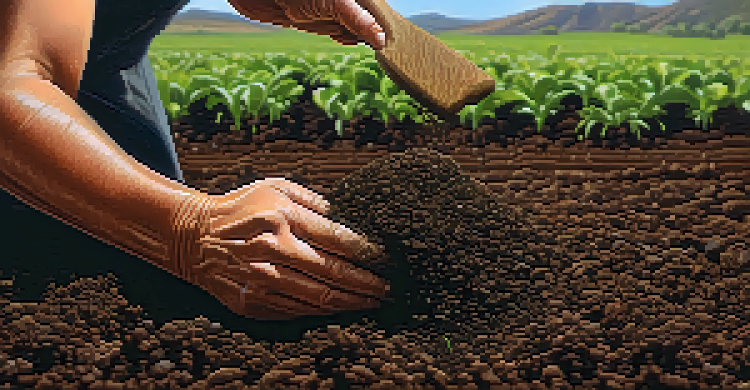 A close-up of a farmer's hands tilling rich soil with green sprouts of crops, emphasizing soil health.