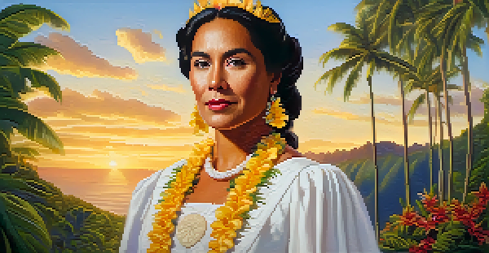 A portrait of Queen Lili‘uokalani in traditional royal attire, surrounded by tropical flowers in a sunset-lit Hawaiian landscape.