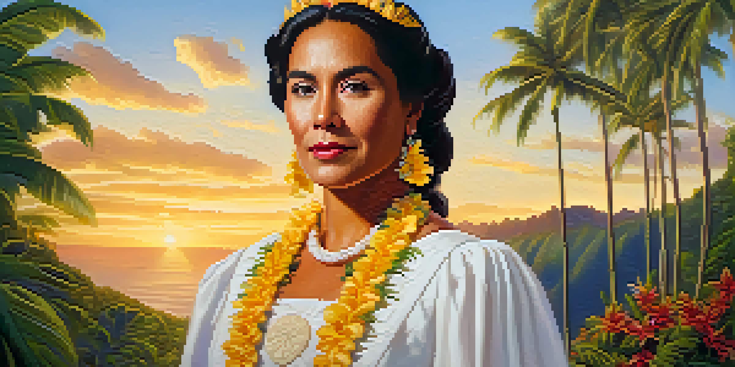 A portrait of Queen Lili‘uokalani in traditional royal attire, surrounded by tropical flowers in a sunset-lit Hawaiian landscape.