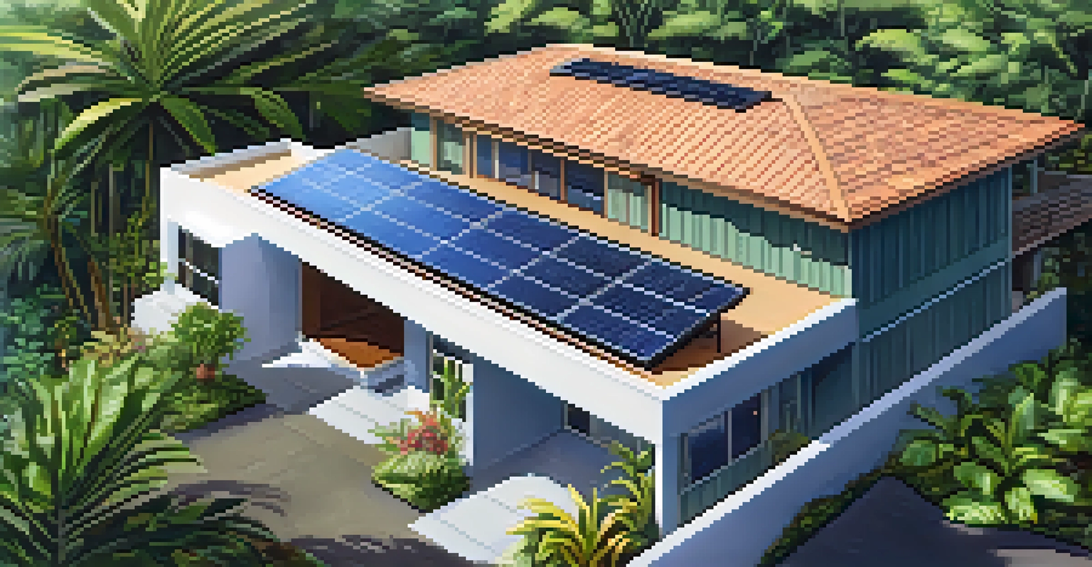 Aerial view of a Hawaiian home with rainwater harvesting system and solar panels.