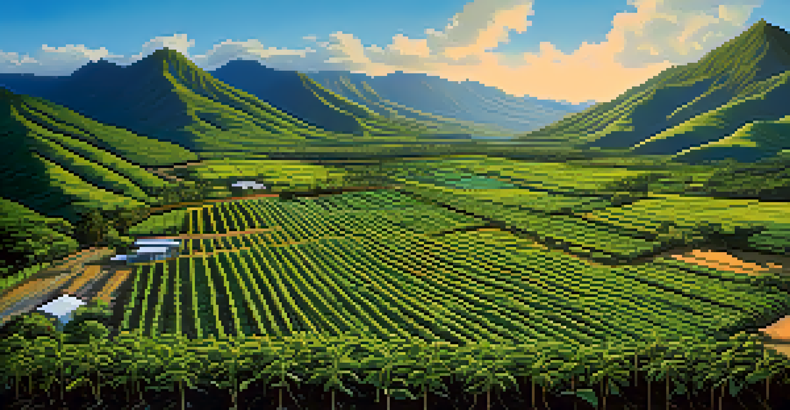 Aerial view of a Hawaiian coffee farm with rows of coffee plants, tropical flowers, and mountains in the background.