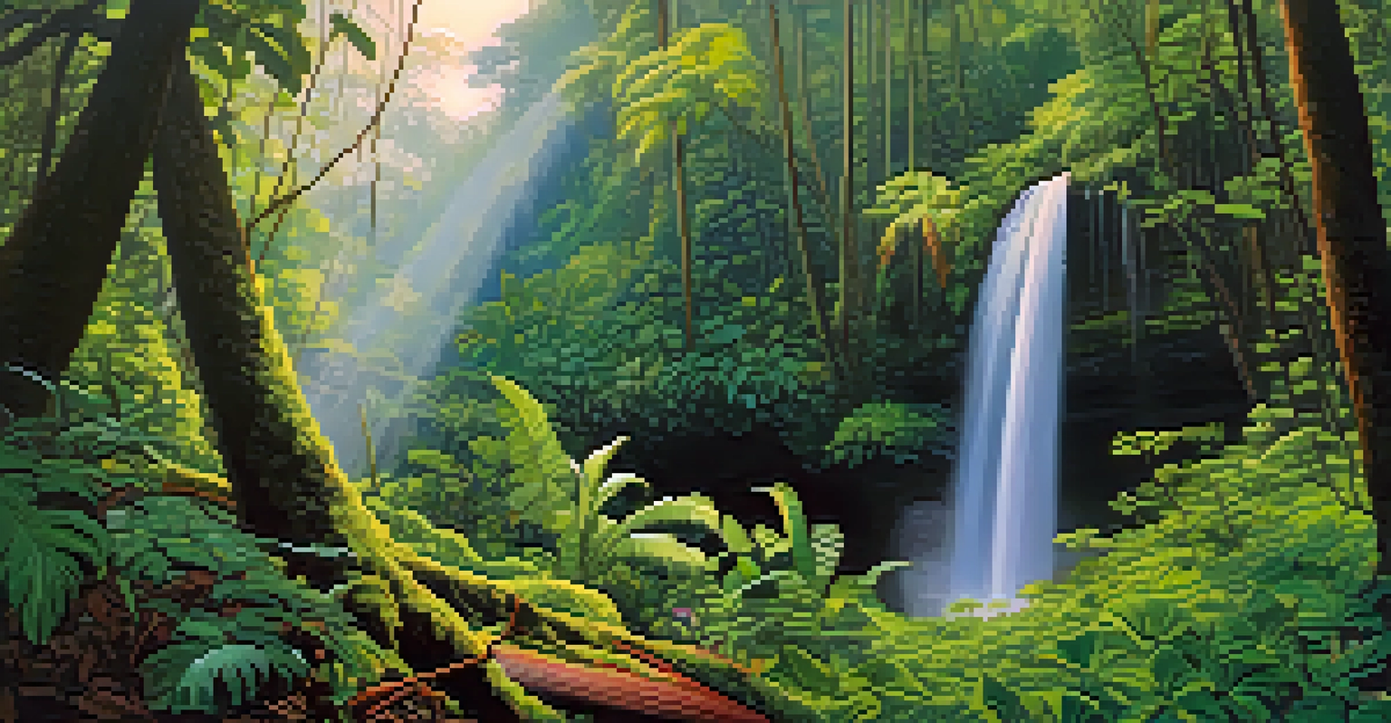 A stunning rainforest in Hawaii with tall trees, colorful flowers, and a waterfall, illuminated by sunlight.