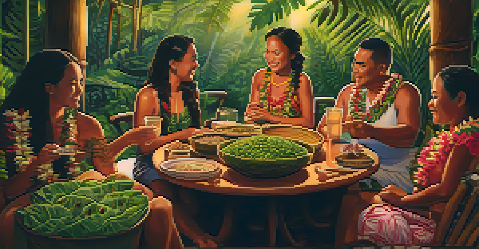 A traditional Hawaiian family gathering with a table full of Kalo dishes, set in a warm atmosphere with tiki torches and tropical plants.