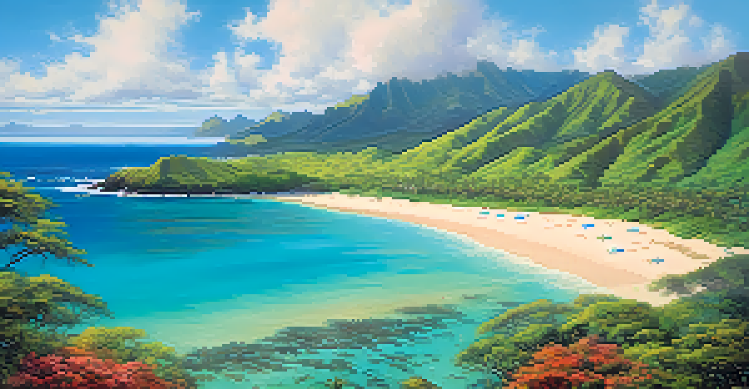 An aerial view of a Hawaiian coastline showcasing turquoise waters, sandy beaches, and coral reefs beneath the clear water.