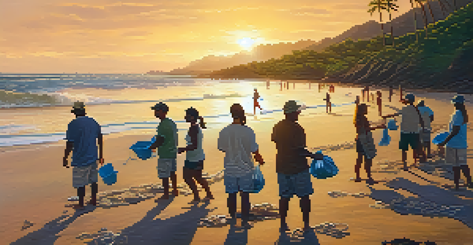 Community members participating in a beach cleanup at sunset on a Hawaiian beach, with a warm glow in the sky.