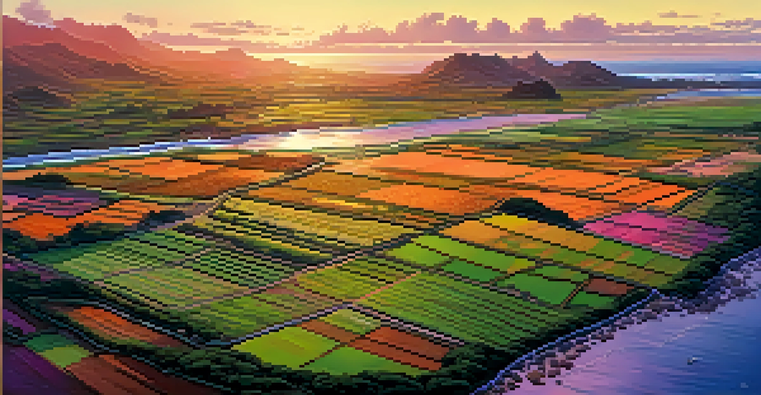 Aerial view of a coastal Hawaiian farm at sunset, with crops and ocean waves in the background.
