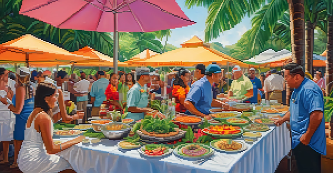 A lively Hawaiian culinary festival with colorful dishes on tables, local chefs interacting with guests, and a backdrop of tropical plants and decorations.