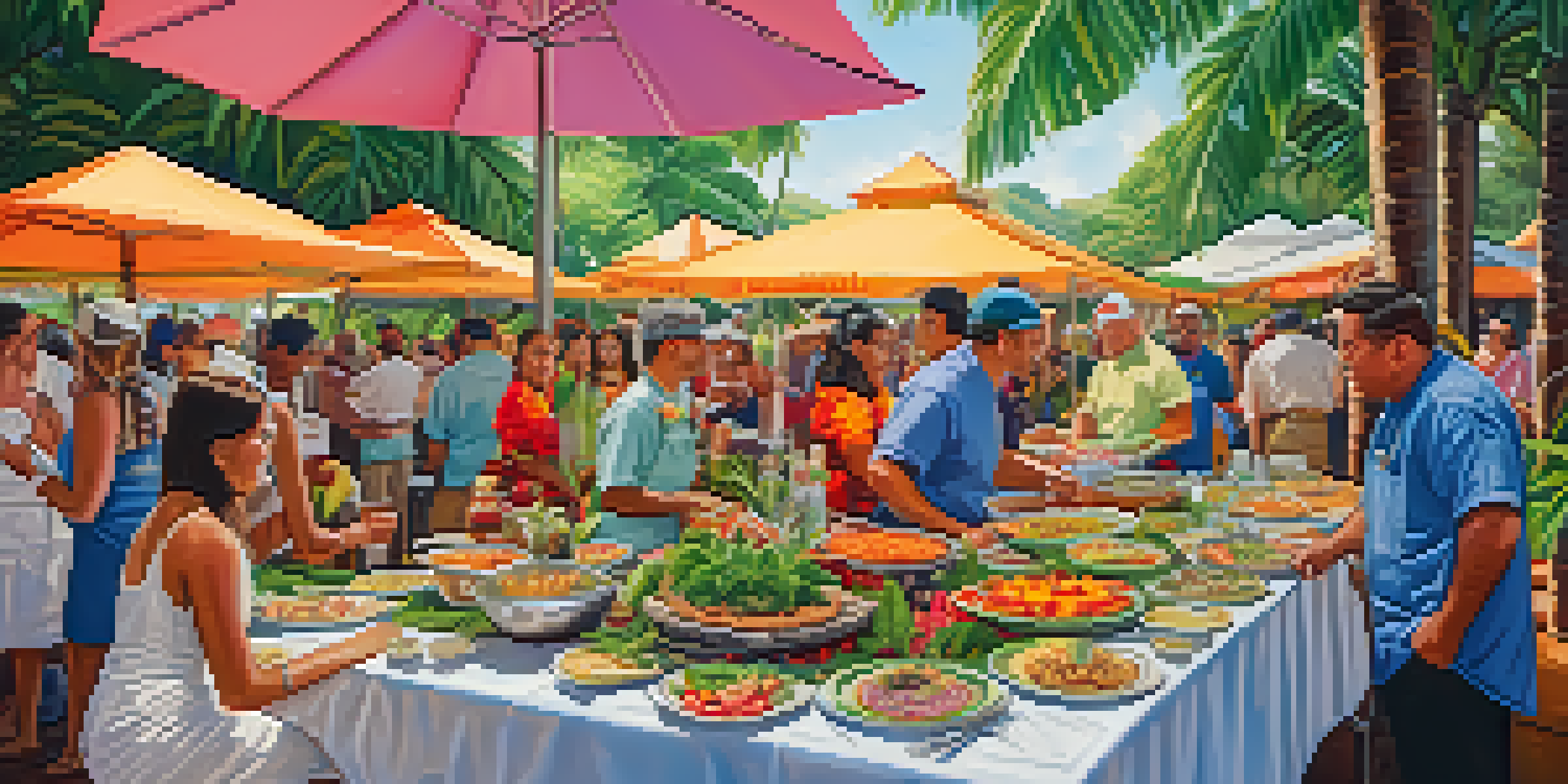 A lively Hawaiian culinary festival with colorful dishes on tables, local chefs interacting with guests, and a backdrop of tropical plants and decorations.