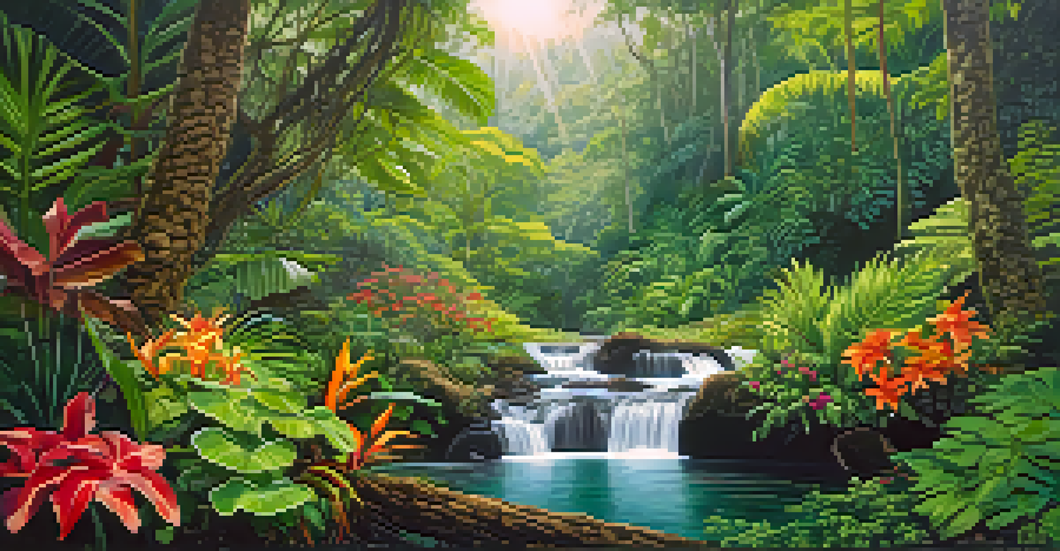 A vibrant Hawaiian rainforest with sunlight filtering through the trees and a waterfall in the background.