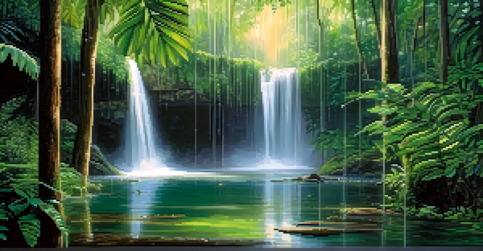 A peaceful rainforest with lush greenery and a waterfall, illuminated by soft sunlight.