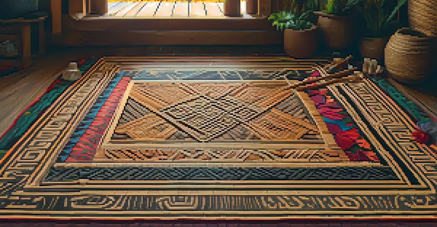 An intricately woven Polynesian mat on a wooden floor, surrounded by traditional weaving and tattooing tools, illuminated by soft natural light.