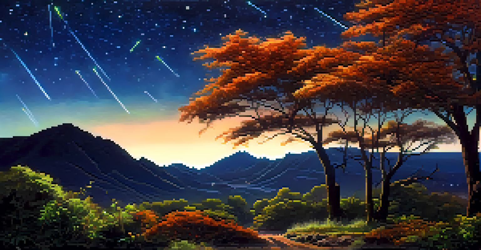 A clear night sky filled with meteors during the Orionid meteor shower, with a peaceful landscape below.