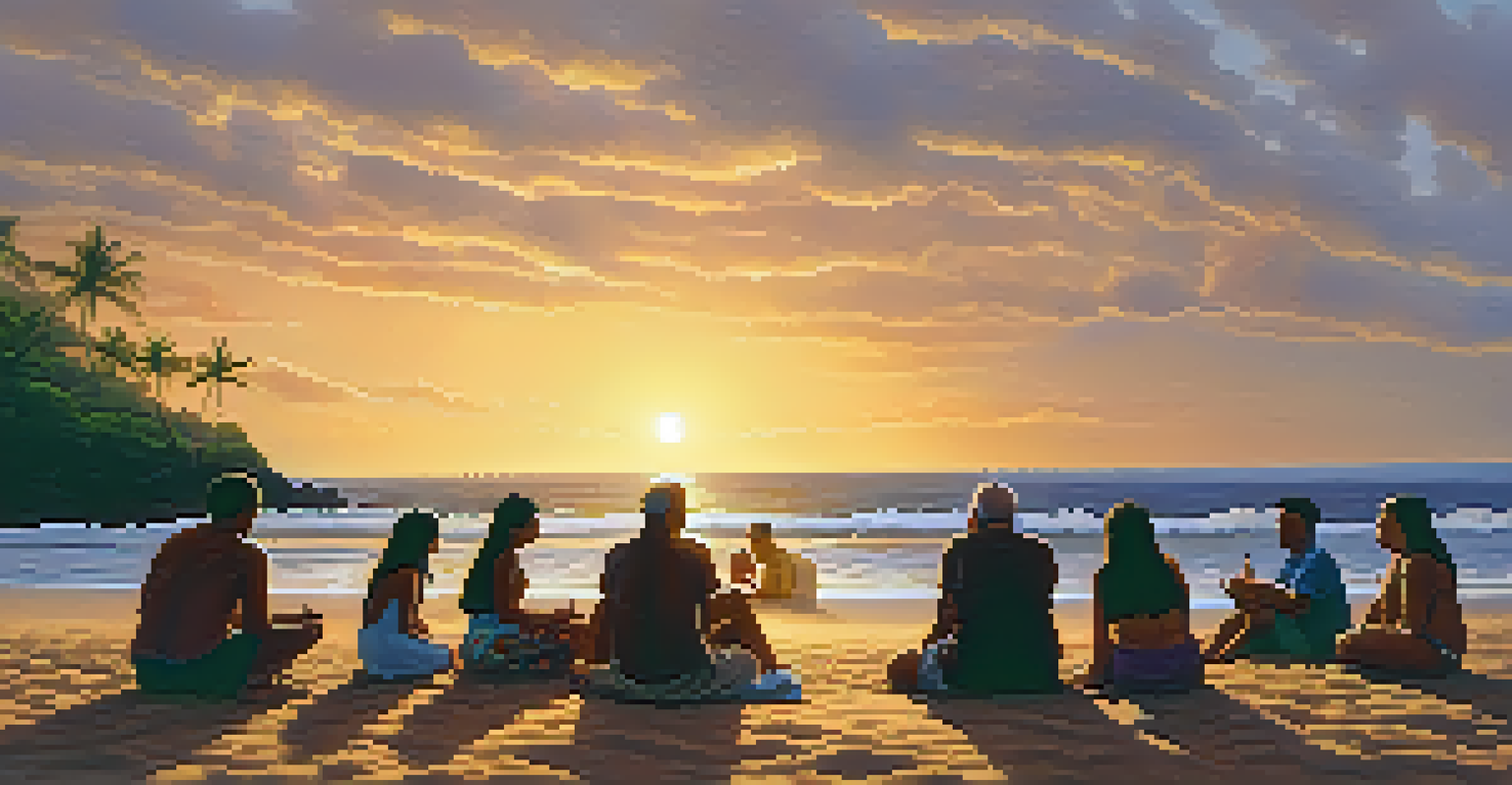 A beach at sunset where a local elder tells Hawaiian legends to a small group of tourists, bathed in warm golden light.