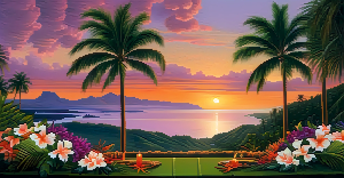 A tranquil Hawaiian landscape at sunset with a family altar adorned with flowers and offerings in the foreground, and a river flowing through a lush green valley.