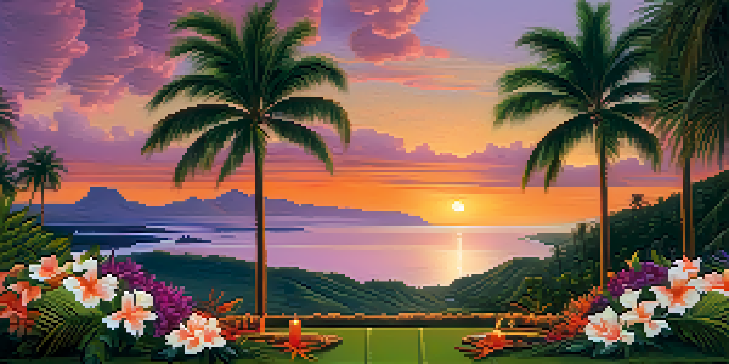 A tranquil Hawaiian landscape at sunset with a family altar adorned with flowers and offerings in the foreground, and a river flowing through a lush green valley.