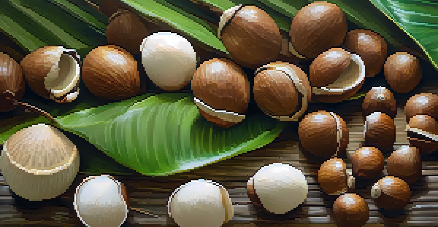 Close-up of freshly harvested macadamia nuts on a wooden table, surrounded by green leaves and tropical flowers.