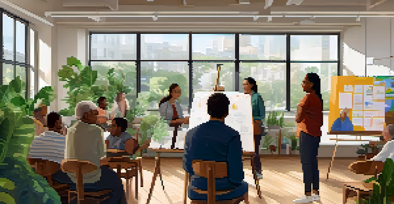 Residents of various backgrounds participating in a community workshop focused on climate action, with educational materials and bright natural light.
