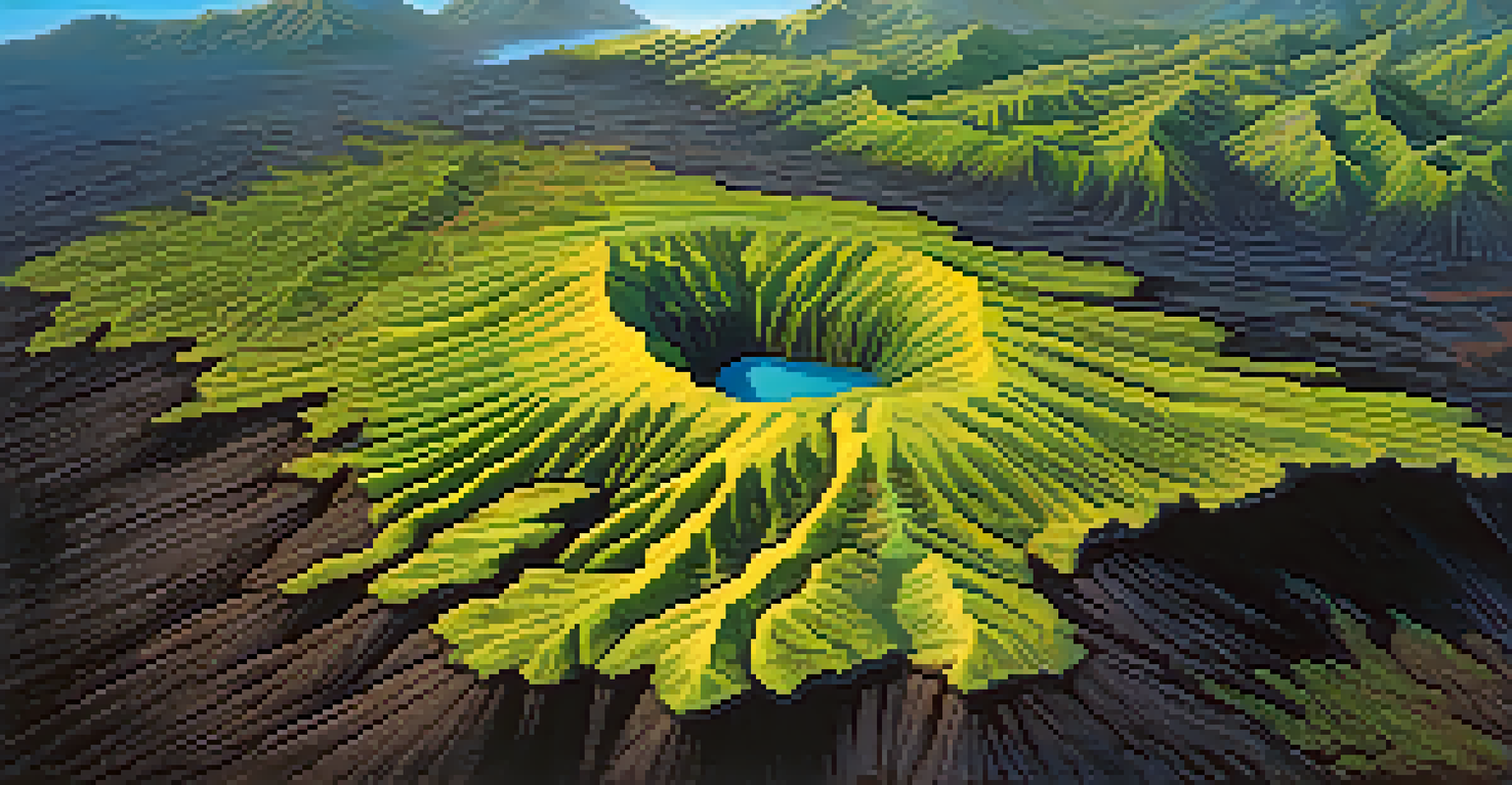 An aerial view of Hawaii's landscape showing new land formations from lava flows.