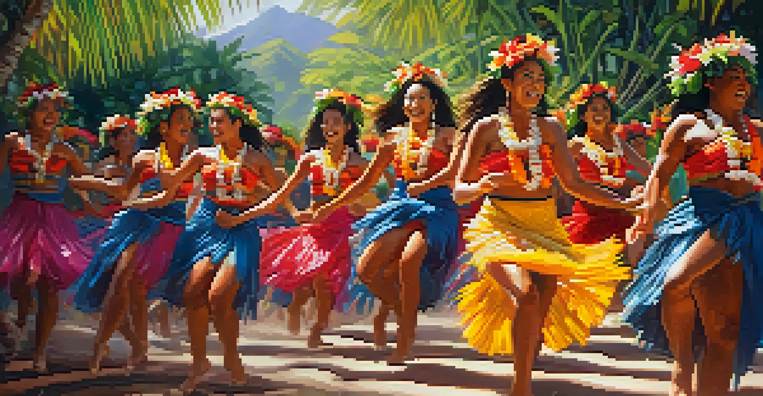 A group of Hawaiian hula dancers in traditional attire performing amidst tropical flowers.