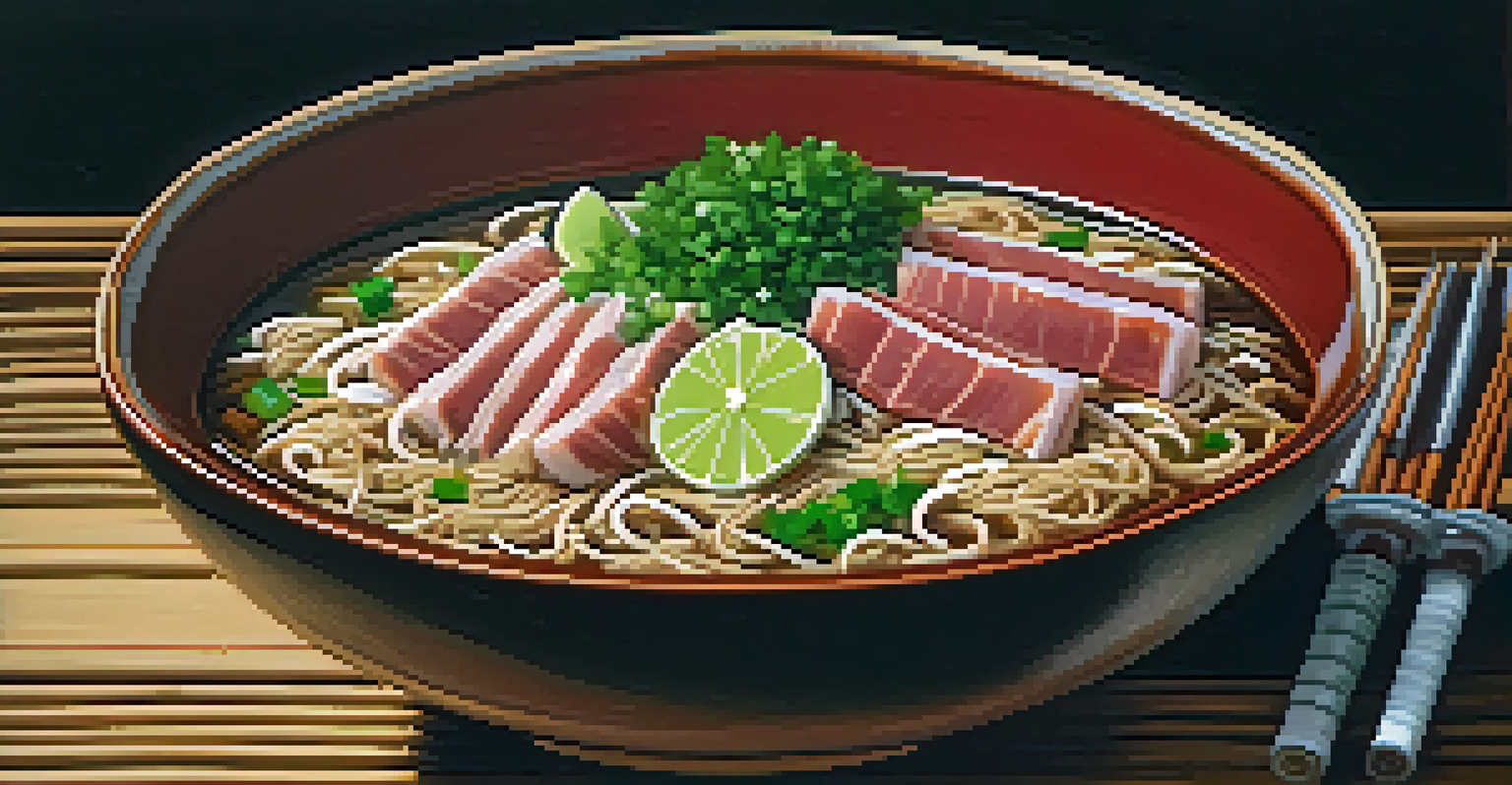 A close-up of saimin noodle soup with wheat noodles, green onions, char siu pork, and lime, beautifully presented in a bowl on a wooden surface.