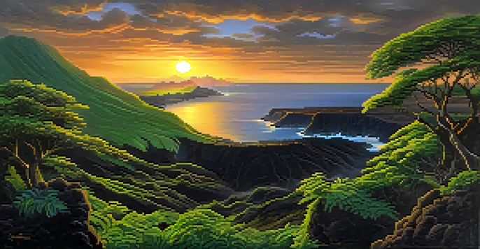 Aerial view of the Big Island of Hawaii, showing green landscape and black lava flows at sunset.