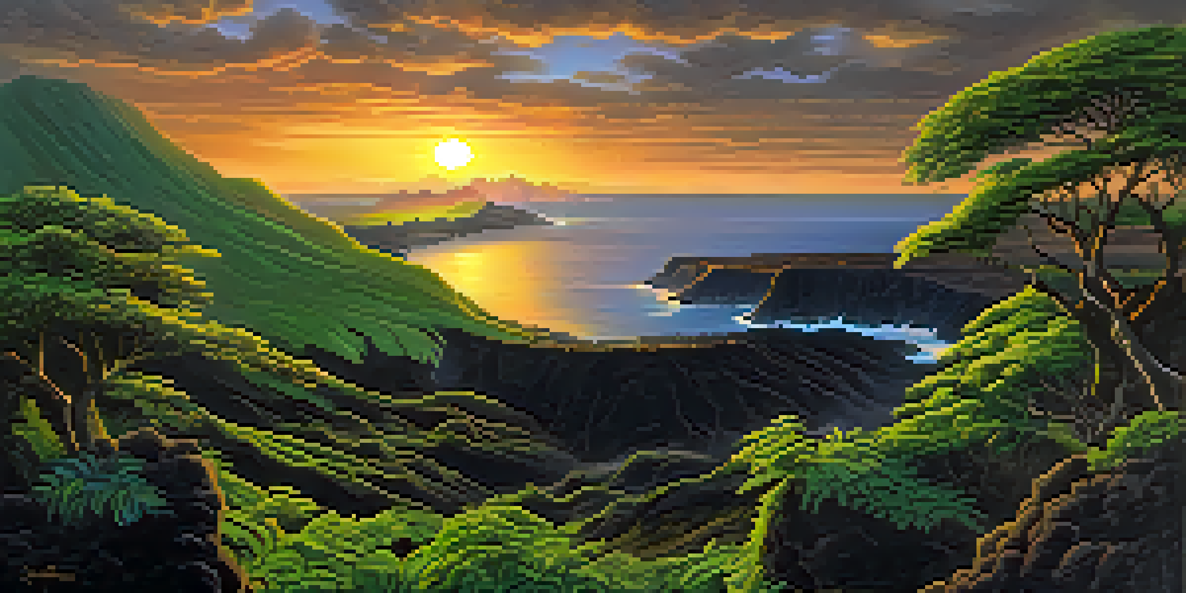 Aerial view of the Big Island of Hawaii, showing green landscape and black lava flows at sunset.
