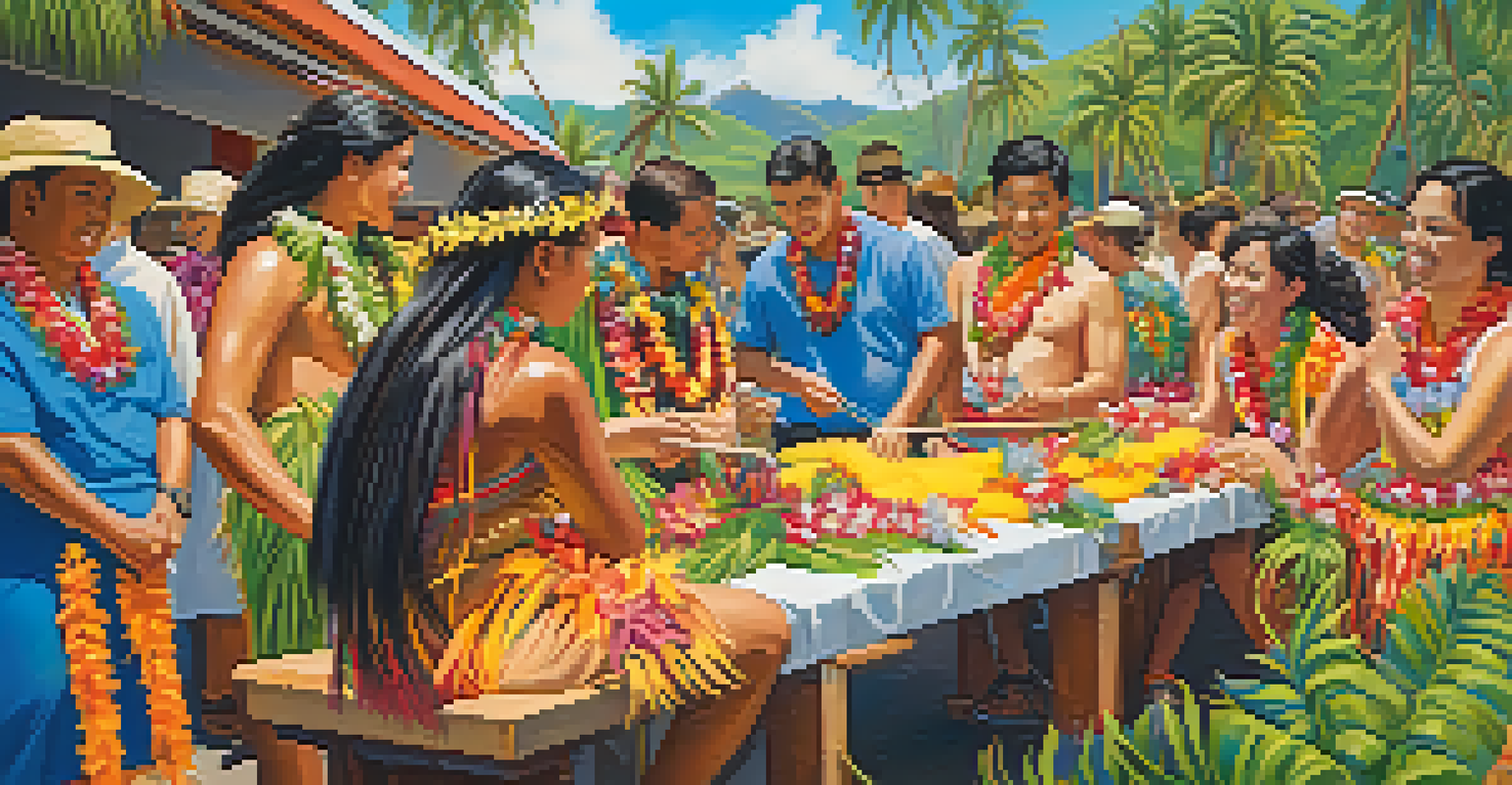 A vibrant Hawaiian festival with artists making leis and featherwork, showcasing cultural crafts and community engagement.