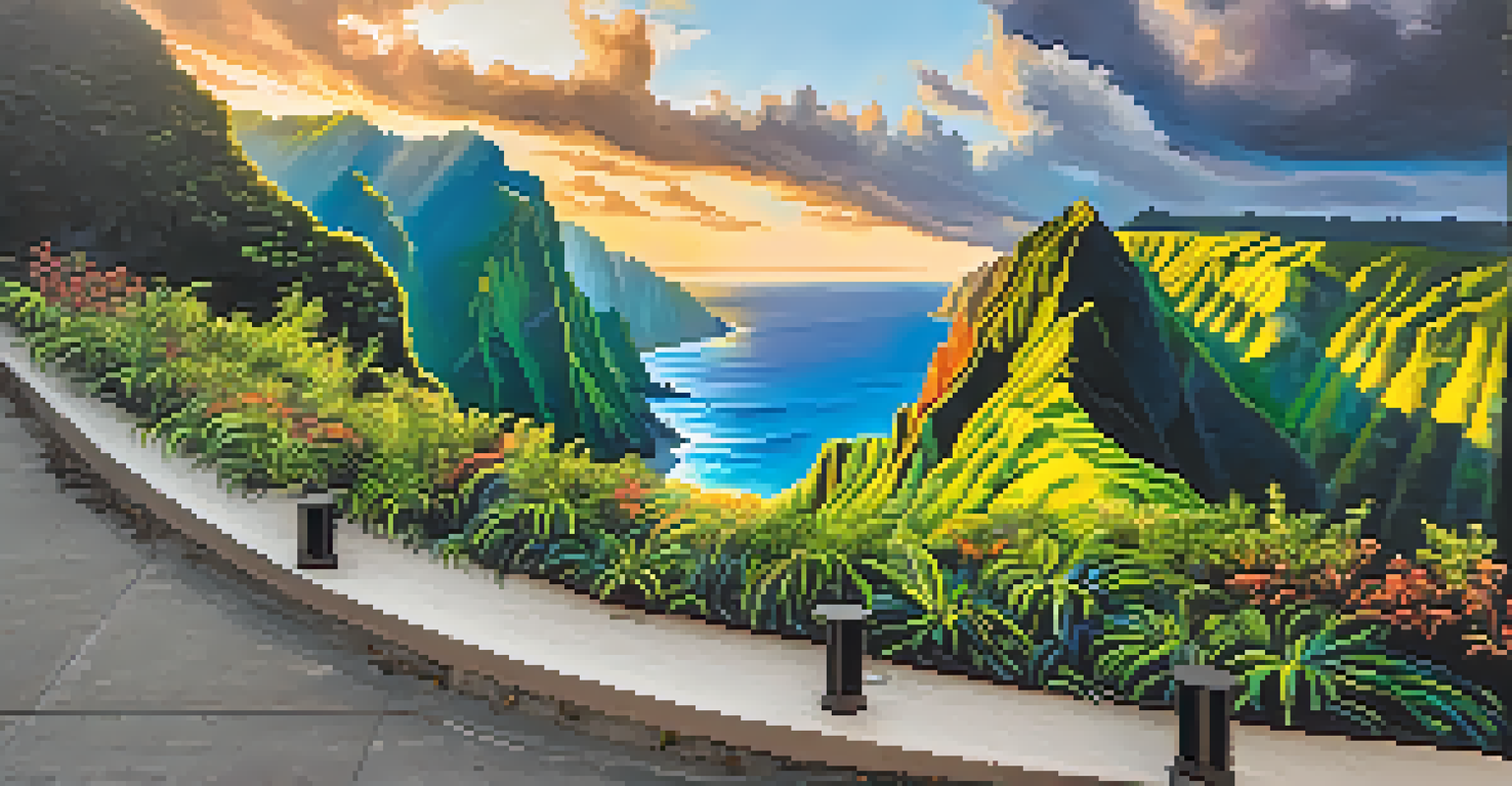 A large mural of the Na Pali Coast showcasing its rugged beauty, with people admiring it in a public space during golden hour.