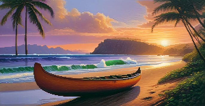 A scenic Hawaiian coastline featuring cliffs, crashing waves, a sunset, and a traditional canoe.