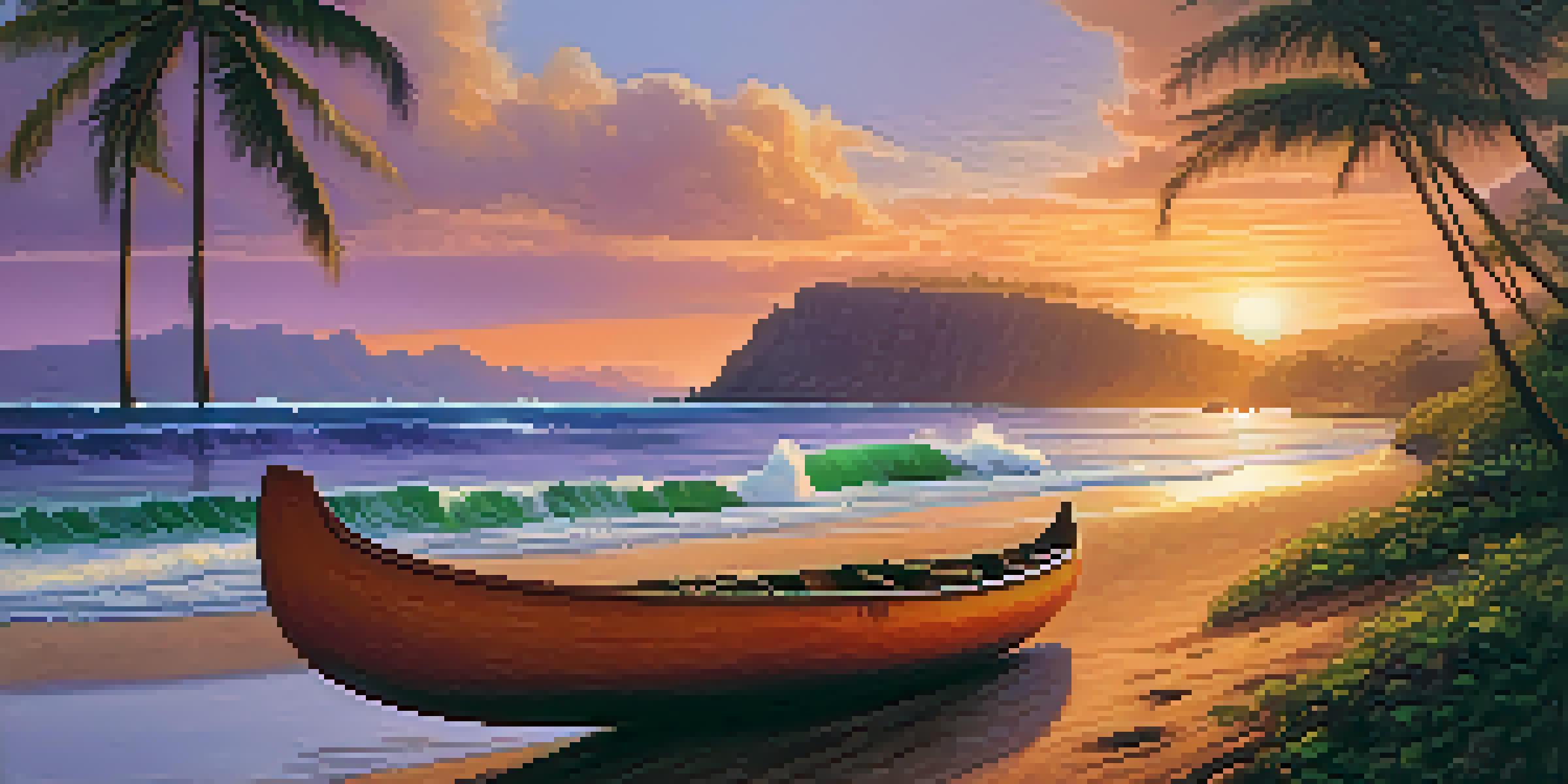 A scenic Hawaiian coastline featuring cliffs, crashing waves, a sunset, and a traditional canoe.